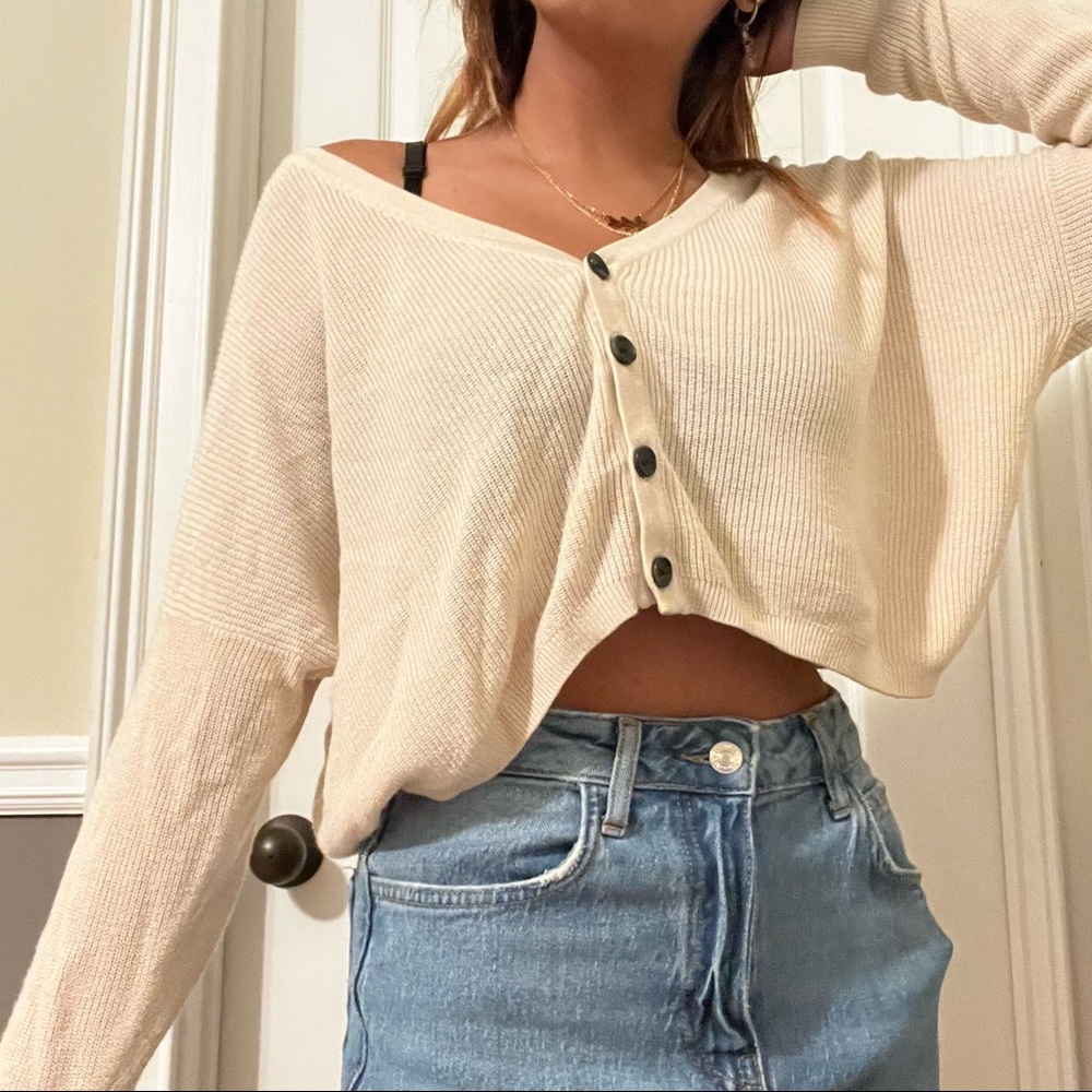GARAGE cream white button down crop sweater!